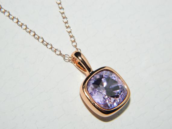 Mariage - Lilac Rose Gold Necklace, Wedding Violet Square Pendant, Swarovski Violet Pink Gold Necklace, Bridal Light Purple Necklace, Bridesmaid Gift