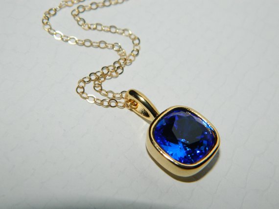 Wedding - Blue Gold Crystal Necklace, Swarovski Majestic Blue Pendant, Cobalt Square Crystal Necklace, Bridal Bridesmaid Necklace, Cobalt Blue Jewelry