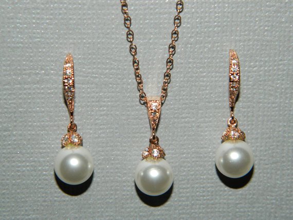 Wedding - Rose Gold Bridal Jewelry Set, White Pearl Necklace&Earrings Set, Swarovski 8mm Pearl Rose Gold Set Pearl Drop Bridal Set Wedding Jewelry Set
