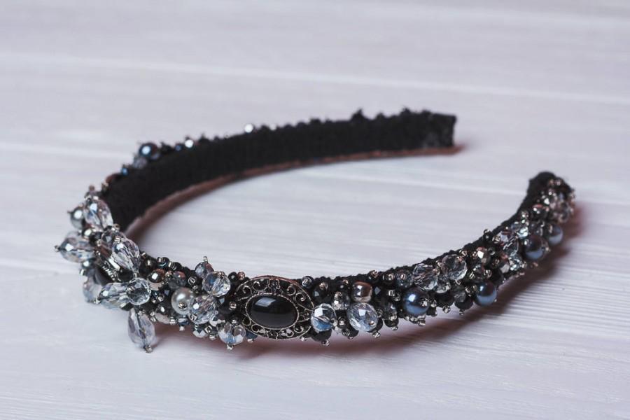 Mariage - Black thin headband for gothic wedding hair accessory Jeweled headband Baroque tiara Delicate hair accessory Bridal black silver tiara