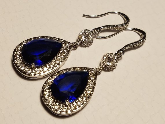 Свадьба - Navy Blue Crystal Earrings, Sapphire Blue Cubic Zirconia Earrings, Blue Silver Teardrop Earrings, Blue Chandelier Dangle Wedding Earrings