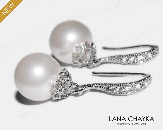 Mariage - Pearl Bridal Earrings Swarovski 10mm White Pearl Silver Cz Earrings Wedding Pearl Dangle Earrings Pearl Drop Earrings Bridesmaids Earrings