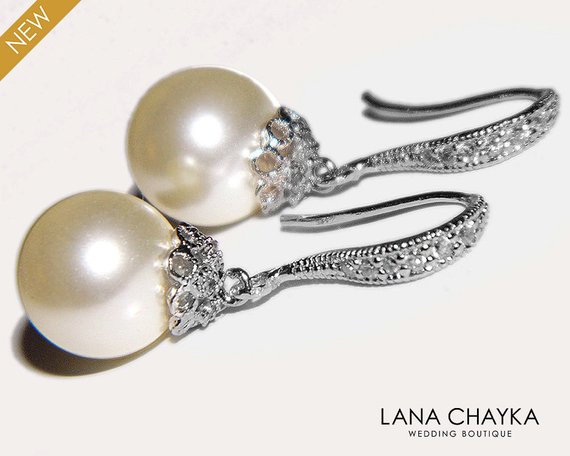 Hochzeit - Pearl Bridal Earrings, Swarovski 10mm Ivory Pearl Drop Earrings, Pearl Silver Wedding Earrings, Bridesmaids Pearl Jewelry, Prom Earrings
