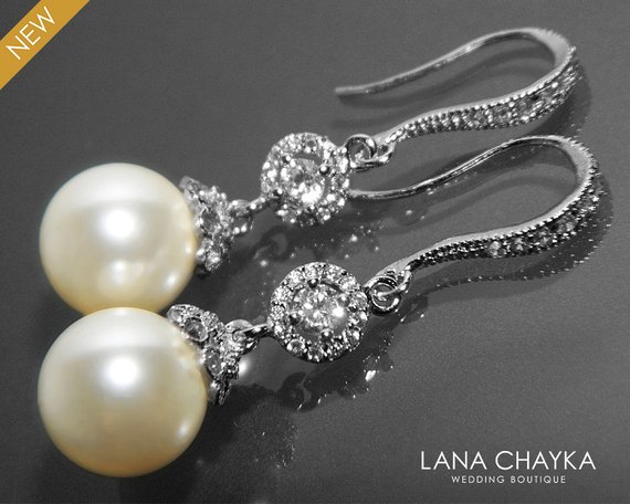 Mariage - Pearl Bridal Earrings Ivory Pearl Chandelier Wedding Earrings Swarovski 10mm Pearl Drop CZ Earrings Pearl Dangle Earrings Prom Pearl Earring