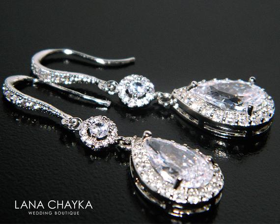 زفاف - Cubic Zirconia Bridal Earrings, Teardrop Crystal Wedding Earrings, CZ Chandelier Dangle Earrings, Sparkly Crystal Halo Earrings Prom Jewelry