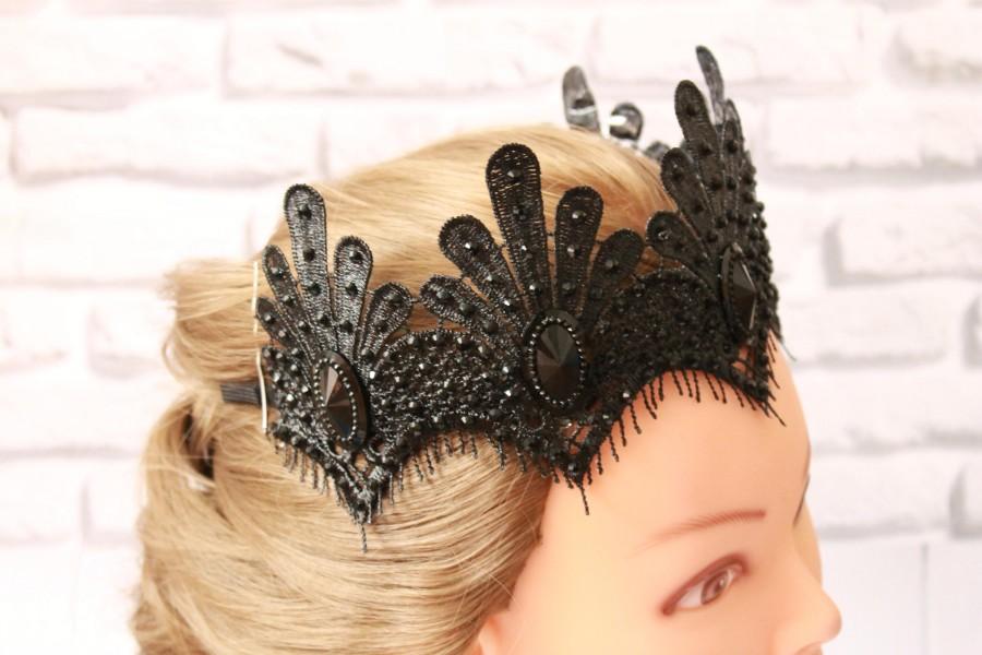 Mariage - Clothing gift Black Crown  Queen Lace Crown sexy festive accessory Halloween Costume Headpiece Swan Fascinator Mistress Black fascinator