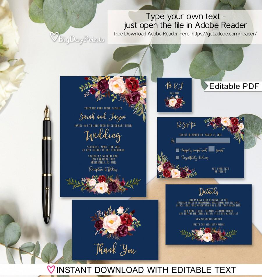 Wedding - Navy Wedding Invitation Template, Boho Chic Wedding Invitation Suite, Floral Wedding Set, #A034, Instant Download, Editable PDF
