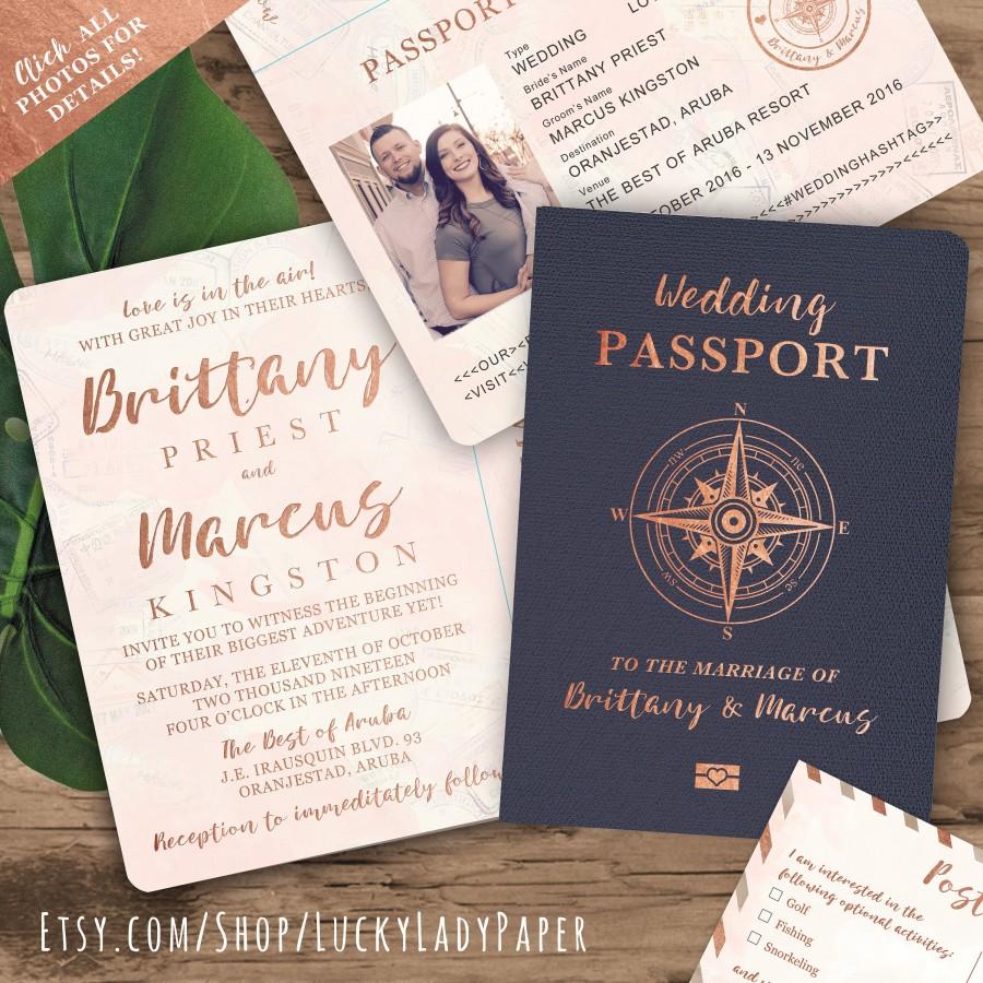 Hochzeit - Destination Wedding Passport Invitation Set in Rose Gold and Blush Watercolor Compass Design by Luckyladypaper - see item details to order