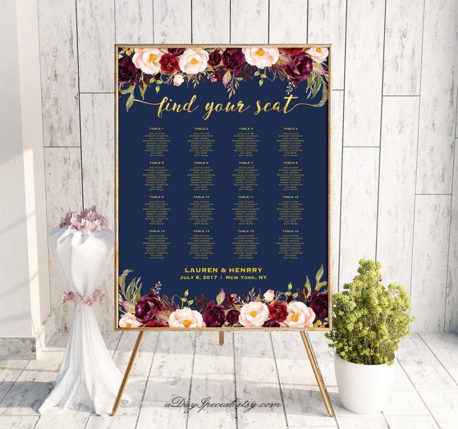 Hochzeit - Navy Gold Wedding Seating Chart Template, Printable Burgundy Floral Seating Plan Poster,  Large Poster 30 Table, Instant Download #109