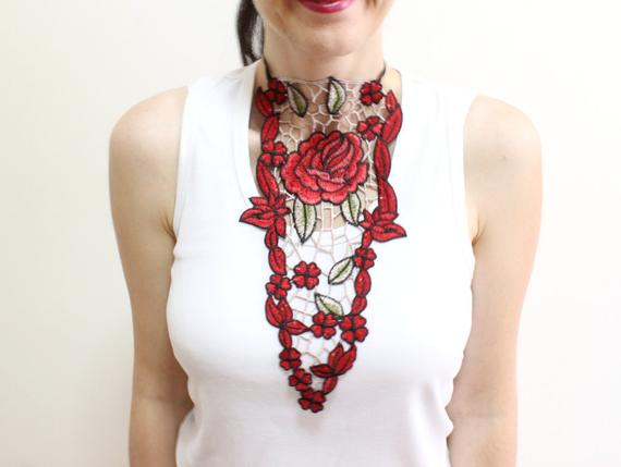زفاف - Colored lace statement bib gipsy necklace, wearable art, huipil dress eco-friendly Jewelry, Shabby Chic Jewellery