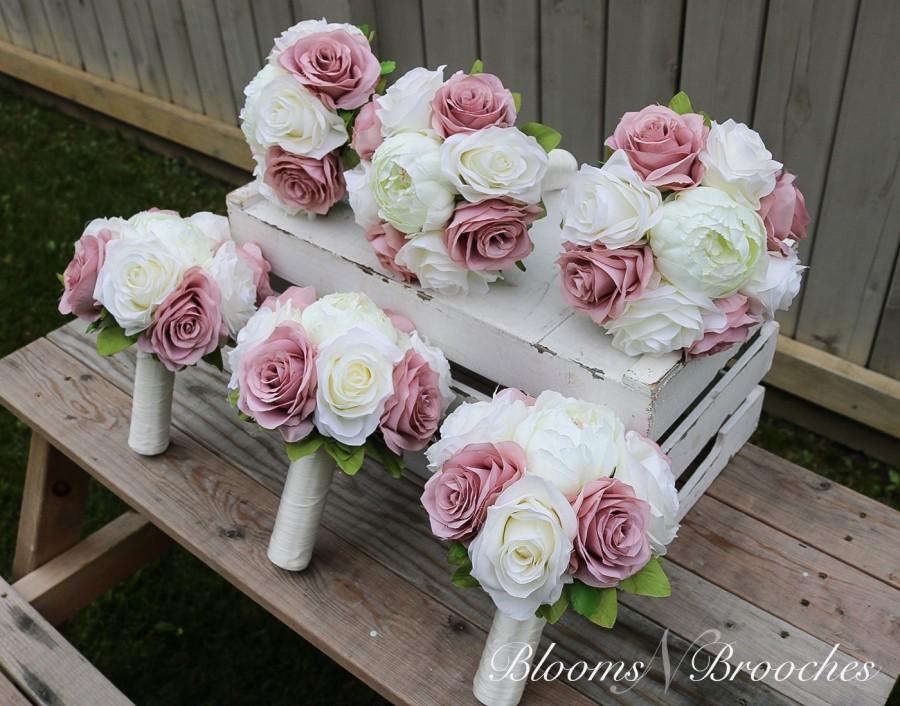 Mariage - Dusty Rose and Ivory Wedding Bouquet, Wedding Flowers, Bridesmaid Bouquets, Corsage, bridal Flower Package
