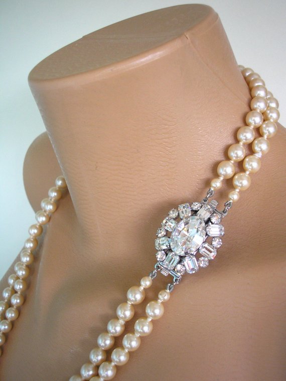 Wedding - Long Pearl Necklace, Vintage Bridal Pearls, Cream Pearls, Vintage Bridal Jewelry, Pearl Statement Necklace, Great Gatsby Pearls, Art Deco