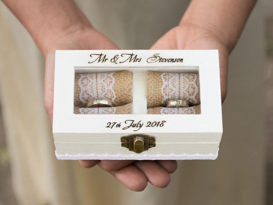 Hochzeit - Engraved ring box Personalized wedding box White Ring bearer box, Wedding ring box Glass lid Wood ring box Proposal box Wedding holder