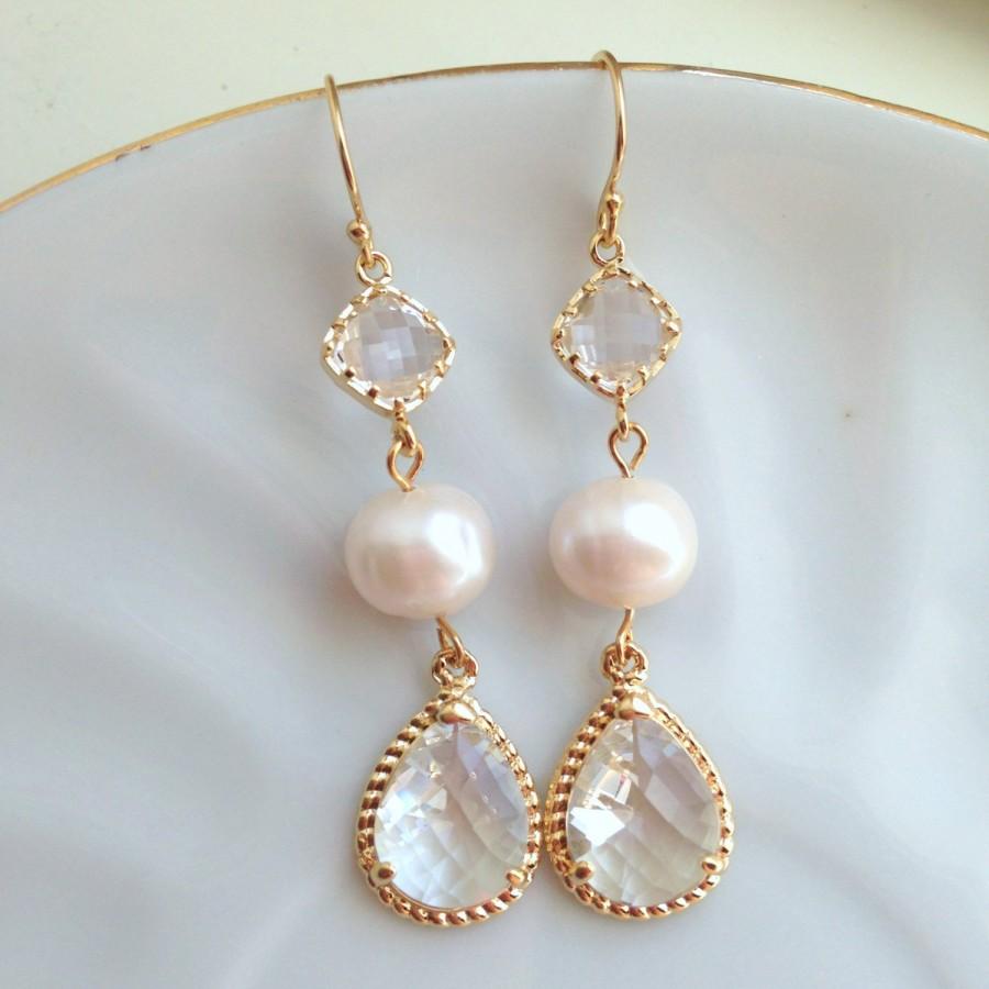 Wedding - Gold Freshwater Pearl Crystal Earrings - Freshwater Pearl Jewelry - Crystal Bracelet Gold Clear Jewelry - Bridal Jewelry - Wedding Jewelry
