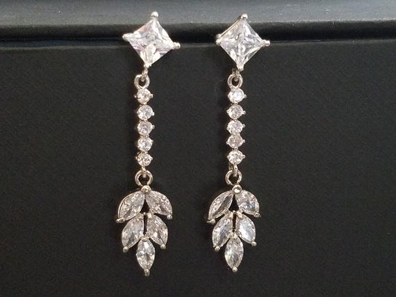 زفاف - Bridal Cubic Zirconia Dainty Earrings, Marquise Leaf Wedding Earrings, Crystal Bridal Earrings, Crystal Leaves Dangle Earring Bridal Jewelry