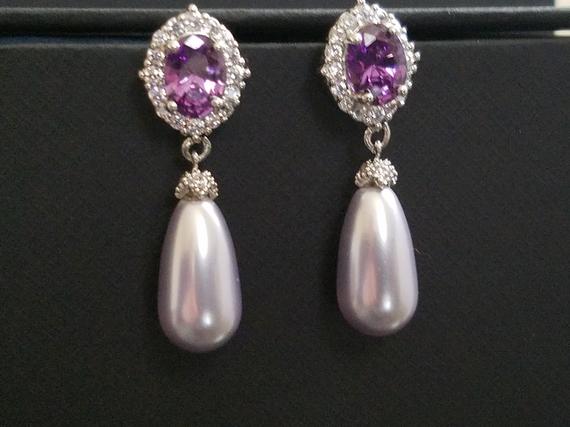 زفاف - Wedding Lavender Pearl Earrings, Swarovski Teardrop Pearl Amethyst Earrings, Bridal Lilac Purple Earrings, Wedding Lavender Dangle Earrings