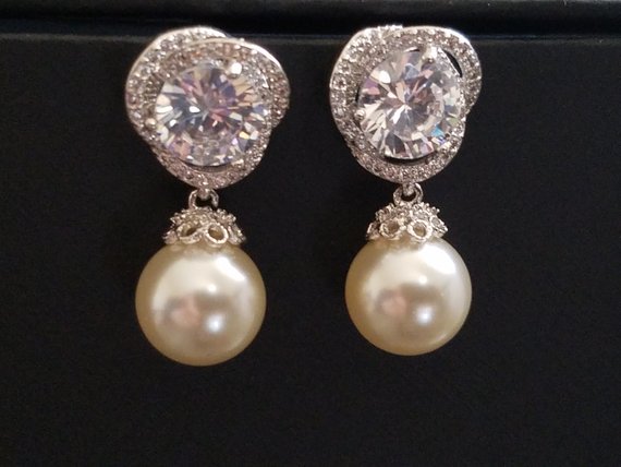 Wedding - Wedding Pearl Earrings, Ivory Pearl Bridal Earrings, Swarovski 10mm Pearl Cubic Zirconia Earrings, Bridesmaid Jewelry, Pearl Drop Earrings