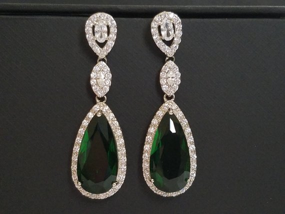 زفاف - Emerald Crystal Bridal Earrings, Green Chandelier Earrings, Emerald Bridal CZ Earrings, Green Teardrop Wedding Earrings