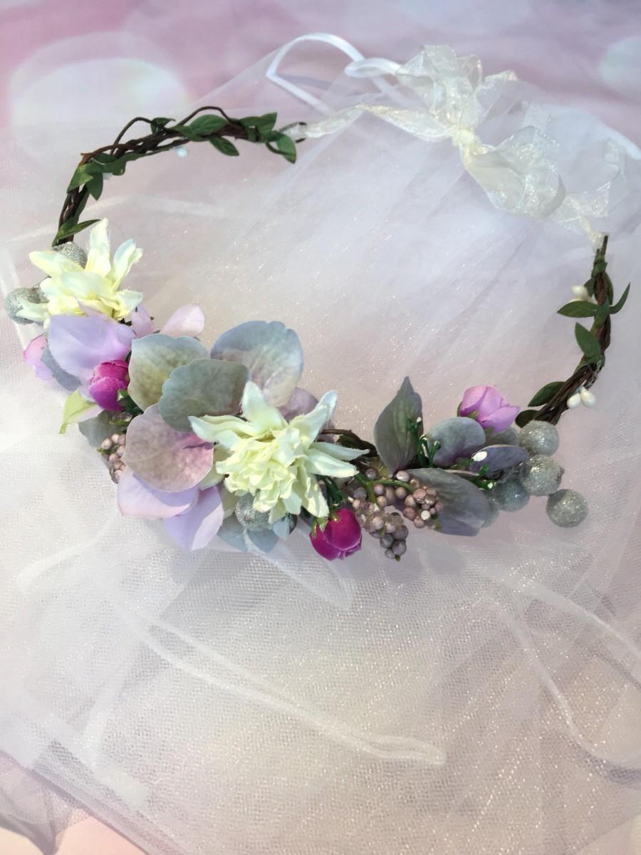 Wedding - Bachelorette Veil - Bride to be floral crown - Bride -Hen Party - Bridal Shower veil - Hen Party Veil lilac Floral crown with veil boho