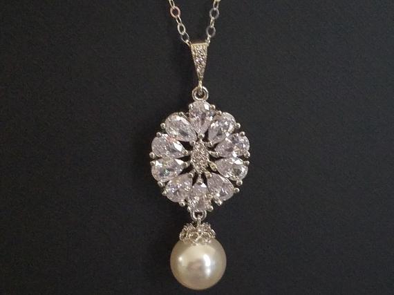 Wedding - Pearl Bridal Necklace, Swarovski White Pearl Cubic Zirconia Necklace, Wedding Necklace, Bridal Jewelry, Vintage Style, Bridal Pearl Pendant