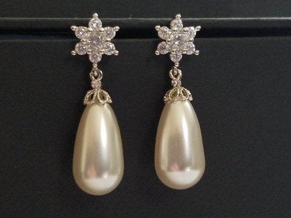 Wedding - Pearl Bridal Earrings, Swarovski White Pearl Teardrop Earrings, Wedding Pearl Earrings, Bridal Pearl Jewelry, Bridesmaid Pearl Jewelry