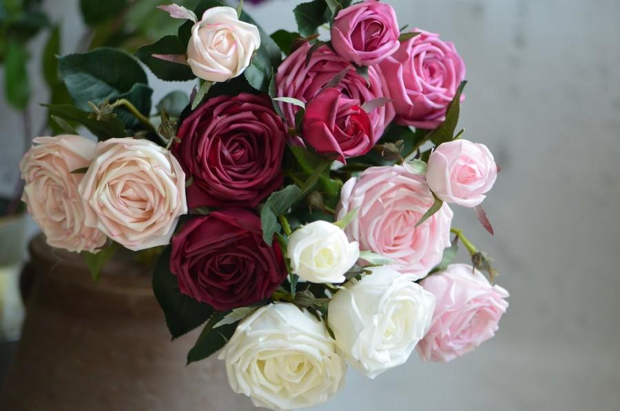 Hochzeit - Cabbage Roses, Burgundy Real Touch Roses, Cream Lavender Blush Roses, Spray DIY Wedding Centerpieces, Silk Bouquets Garden Roses, #348