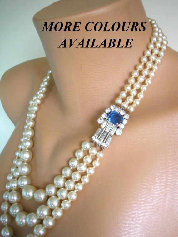 Hochzeit - Sapphire and Pearl Necklace, Bridal Pearls, Montana Sapphire, Pearl Necklace, Mother Of The Bride, Bridal Jewelry, Art Deco, Gatsby Wedding