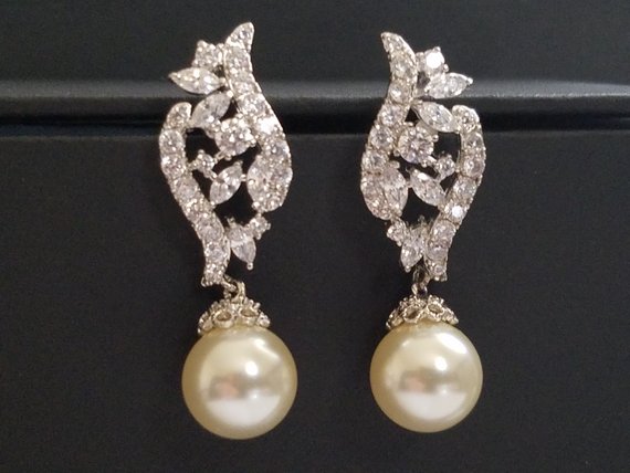 Mariage - Cubic Zirconia Pearl Bridal Earrings, Swarovski 10mm Pearl Silver Earrings, Wedding Pearl Earrings, Pearl Bridal Jewelry, Prom Pearl Earring