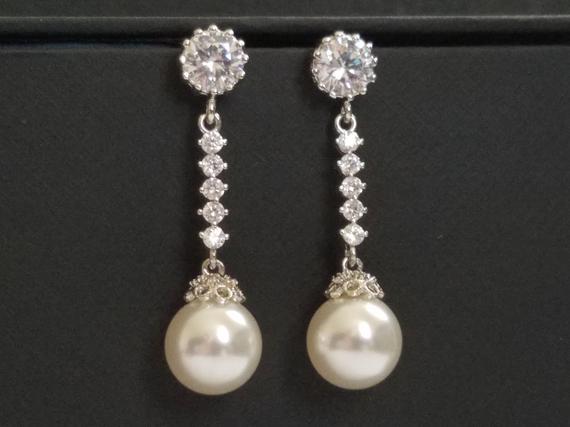 Hochzeit - Pearl Bridal Earrings, Swarovski White Pearl Silver Earrings, Wedding Pearl CZ Earrings, Pearl Bridal Jewelry, Pearl Chandelier Earrings