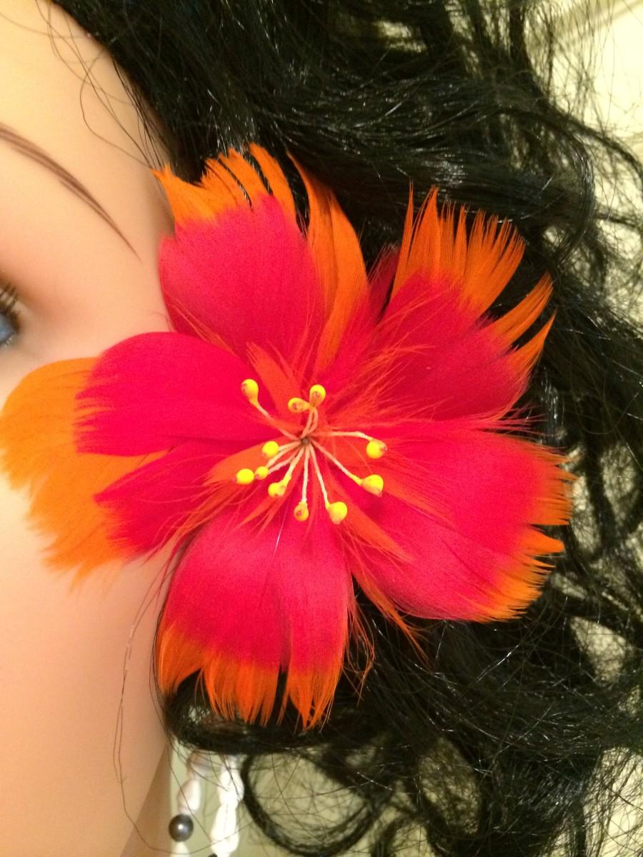 Hochzeit - Orange & Red Hibiscus Feather Flower Ear Pick,Orange Hibiscus Feather Flower,Hawaiian Wear,Aloha Wear,Tropical Hibiscus,Exotic Hibiscus