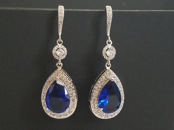 Hochzeit - Navy Blue Crystal Earrings, Sapphire Blue Cubic Zirconia Earrings, Blue Silver Teardrop Earrings, Blue Chandelier Dangle Wedding Earrings