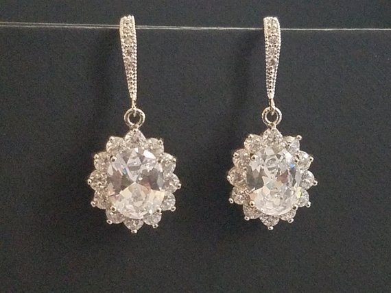 Hochzeit - Bridal Earrings, Crystal Wedding Earrings, Cubic Zirconia Earrings, Halo CZ Earrings, Wedding Oval Crystal Earrings, Bridal Crystal Jewelry