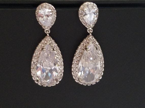 Mariage - Cubic Zirconia Bridal Earrings, Teardrop Crystal Wedding Earrings, CZ Chandelier Earrings, Bridal Crystal Earrings, Prom Crystal Earrings