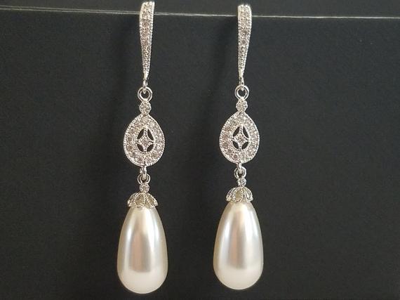 Свадьба - White Teardrop Pearl Chandelier Earrings, Swarovski Pearl Dangle Wedding Earrings, Pearl Wedding Earrings, White Pearl Silver CZ Earrings