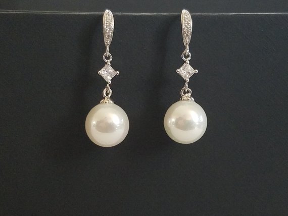 Mariage - Bridal Pearl Earrings, Pearl Drop Pearl Silver Earrings, Wedding Pearl Jewelry, White Pearl Dangle Earrings, White Pearlscent Pearl Earrings