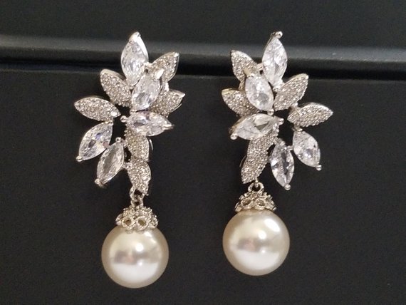 Hochzeit - White Pearl Bridal Earrings, Swarovski 10mm Pearl Earrings, Pearl Cubic Zirconia Earring Studs, Wedding Pearl Bridal Jewelry, Prom Earrings