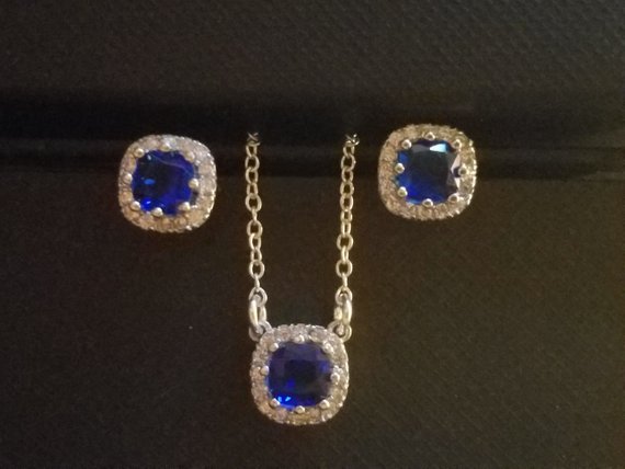 Свадьба - Wedding Dainty Blue Jewelry Set, Sapphire Silver Earrings&Necklace Set, Bridal Jewelry Set, Blue Halo Earrings and Necklace Set Prom Jewelry