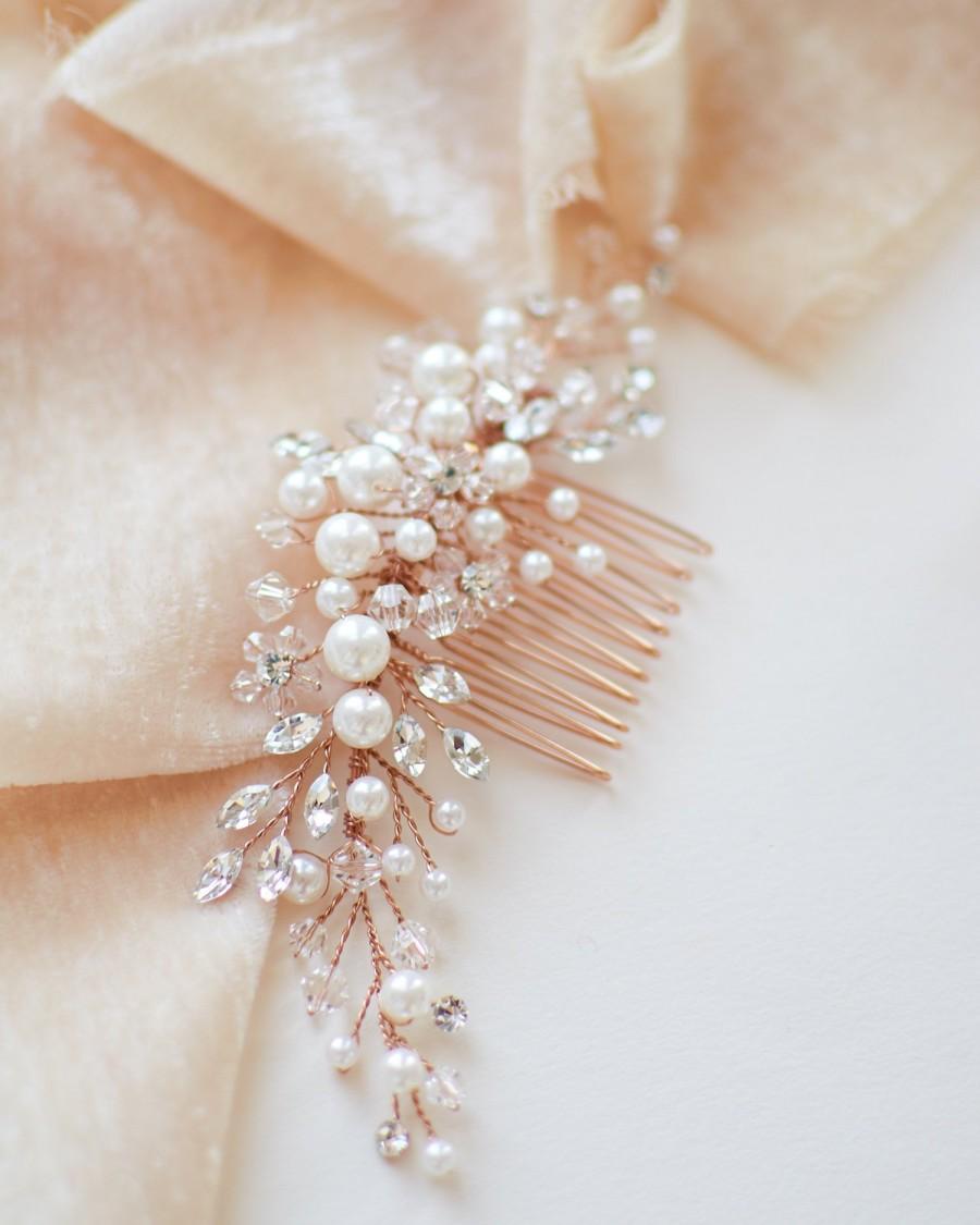 Hochzeit - Gold Pearl Bridal Comb, Floral Wedding Crystal & Rhinestone Comb, Bridal Headpiece, Gold Wedding Comb, Pearl Floral Bridal Comb ~TC-2293