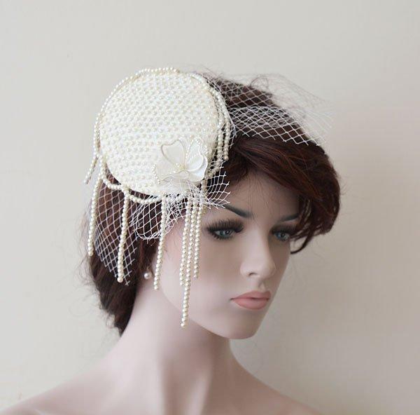 Hochzeit - Wedding Fascinator Cap, Ivory Pearl Lace Bridal  Hat, Fascinator Hat with Veil,  Bridal Birdcage Veil, Mini Hats For Wedding  Accessories