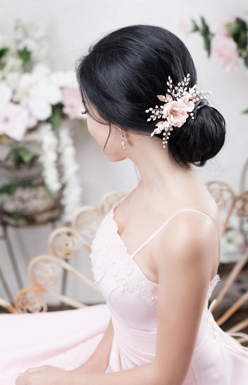 Hochzeit - Blush Bridal Headpiece Rose Gold Wedding Hair comb Blush Bridal Flower comb Rose Gold Floral Wedding Headband Blush bridal hair piece