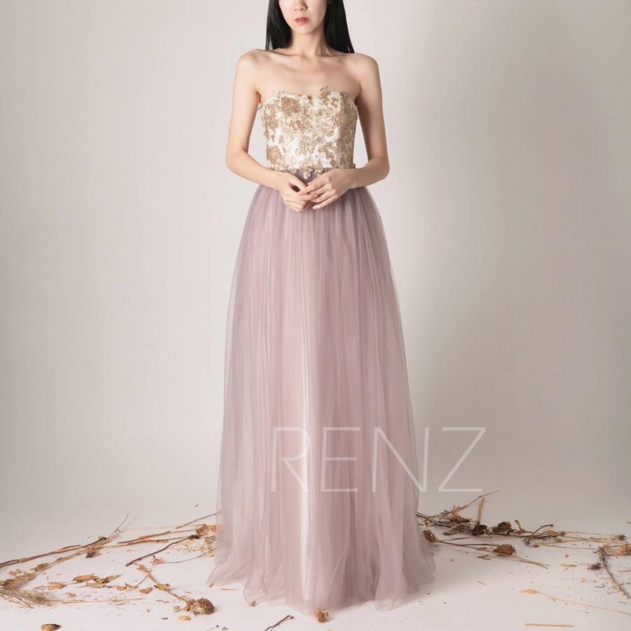Mariage - Bridesmaid Dress Dark Mauve Tulle Maxi Dress Strapless Wedding Dress Sweetheart Gold Lace Puffy Party Dress Contrast Color Prom Dress(LS279)