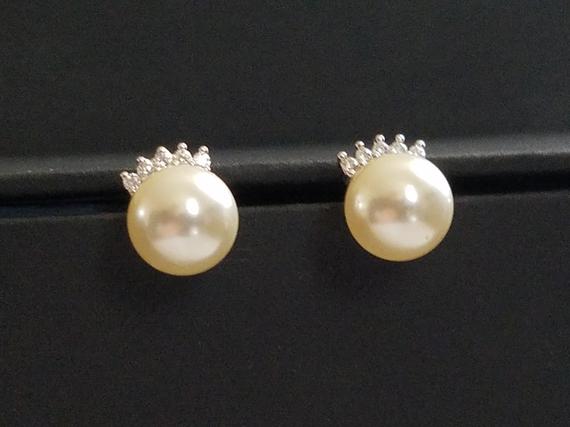 Hochzeit - Ivory Pearl Stud Earrings Pearl CZ Small Bridal Earrings Swarovski Pearl Sterling Silver Posts Earrings Wedding Jewelry Bridal Pearl Jewelry
