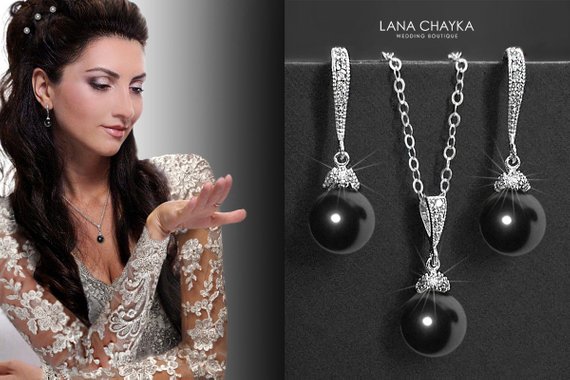زفاف - Black Pearl Jewelry Set, Swarovski 8mm Pearl Earrings&Necklace Set, Charcoal Pearl Silver Jewelry Set, Bridal Pearl Jewelry, Wedding Jewelry