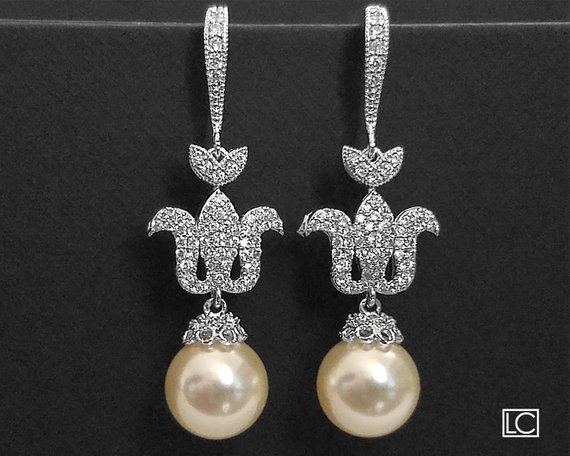 Wedding - Pearl Fleur De Lis Earrings, Bridal Pearl Chandelier Earrings, Swarovski Ivory Pearl Wedding Earrings Statement Earrings French Lily Earring