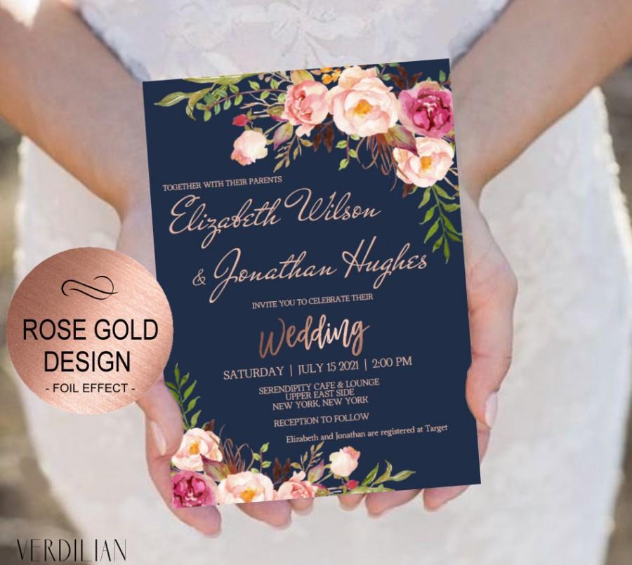 Свадьба - Blush Navy Rose Gold Wedding Invitation Template Set - Floral Watercolor Invite-DIY Printable Invitations-PDF-Download Instantly 