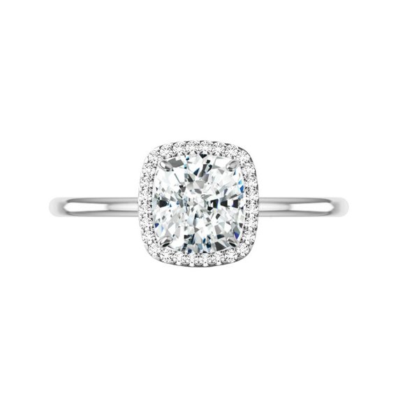Wedding - 2 Carat Crushed Ice Cushion Moissanite & Diamond Halo Solitaire Engagement Ring (8x7mm), Moissanite Engagement Ring, Raven Fine Jewelers