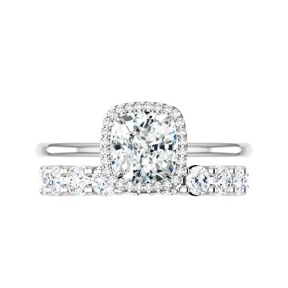 Hochzeit - 2 Carat Crushed Ice Cushion Moissanite, Diamond Halo Solitaire Engagement Ring & 3mm Diamond Eternity Band Wedding Set, Raven Fine Jewelers