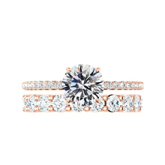 Wedding - 2 Carat Round Moissanite & Diamond Hidden Halo Engagement Ring with 3mm Diamond Eternity Band 14k Rose Gold, Moissanite Bridal Set