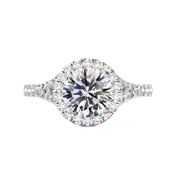 زفاف - 3 Carat Round Moissanite & Diamond Halo Split Shank Engagement Ring 14k White Gold, 9mm Moissanite Engagement Ring, Raven Fine Jewelers