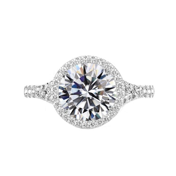 زفاف - 4 Carat Round Moissanite & Diamond Halo Split Shank Engagement Ring 14k White Gold, 10mm Moissanite Engagement Ring, Raven Fine Jewelers